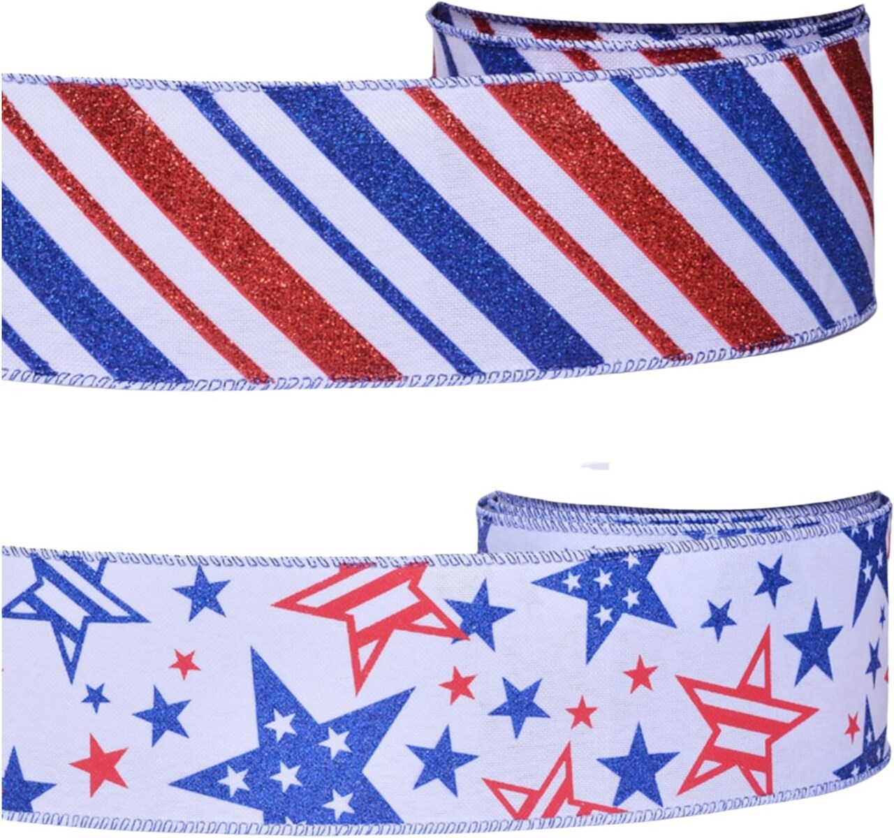 2 Rolls Patriotic Glitter Ribbon - 2.5 Inch Stars & Diagonal Stripe Red White Blue Ribbon for 4th of July